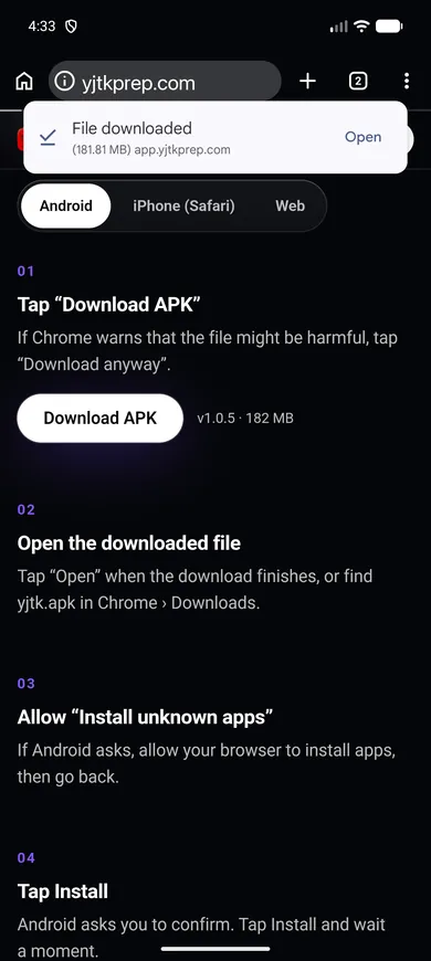 Chrome showing the finished download with an Open button