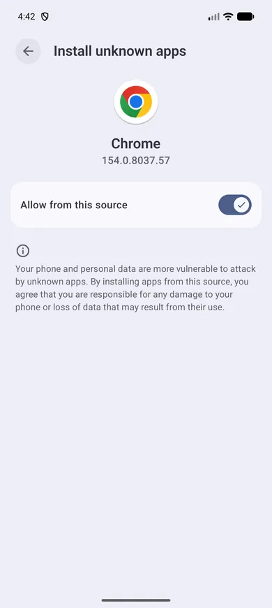 Android setting to allow installing unknown apps from Chrome