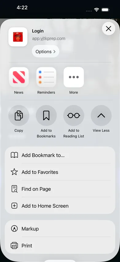 Share sheet with Add to Home Screen