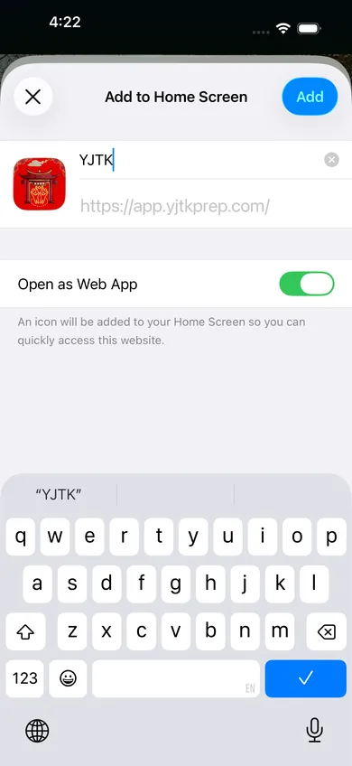 Add to Home Screen sheet with the YJTK icon and name